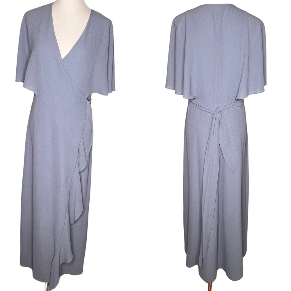 Halston Dusty Blue V Neck Ruffle Split Maxi Wrap Dress Gown Size L Short Sleeve - Picture 3 of 13
